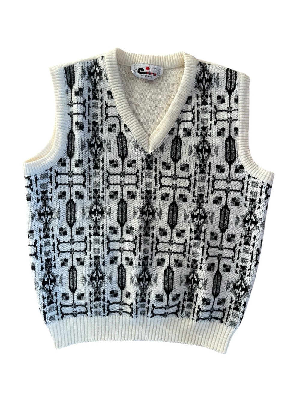 Vintage Cooper Wool Blend Academia Geo Patterned Nordic V-Neck Sweater Vest